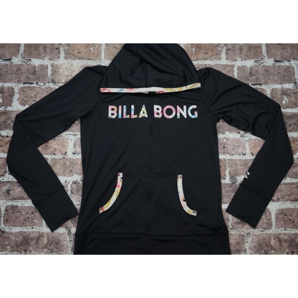 Billabong Hoodie Women M Black Full Zip Activewear Jacket Beach Surf Dri Fit